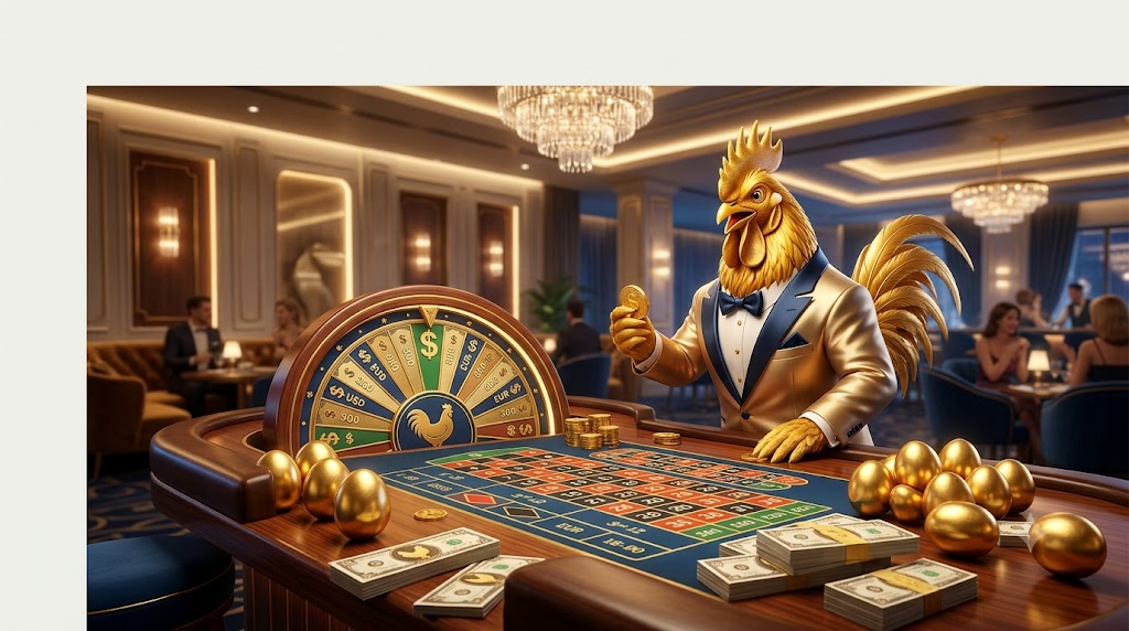 Gallo millonario en casino premium jugando a la ruleta