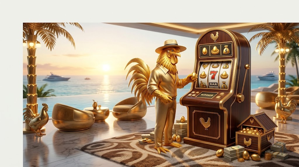 Gallo dorado elegante operando máquina de slot en resort de playa premium frente al mar