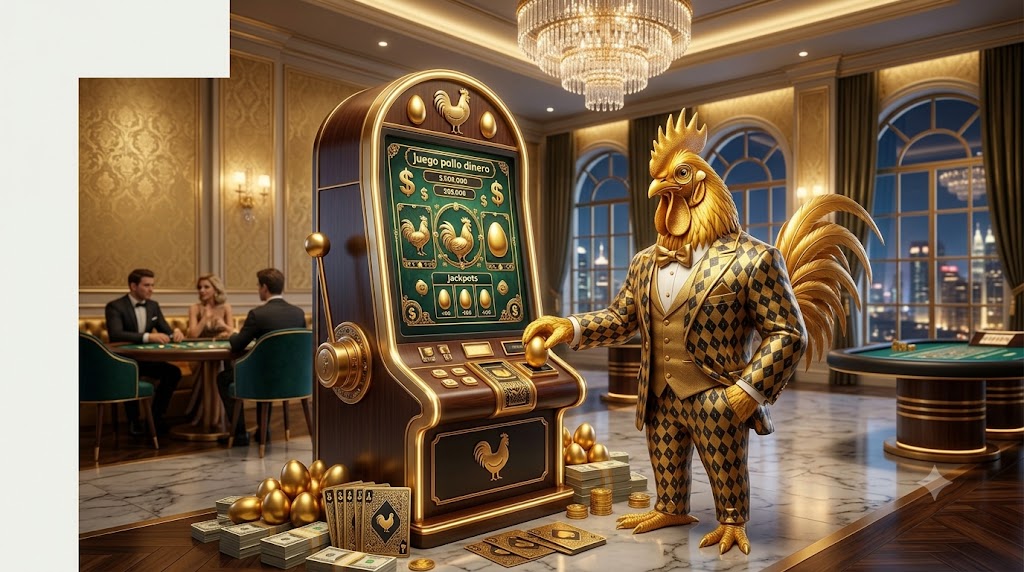 Gallo millonario con traje de etiqueta junto a máquina de casino premium